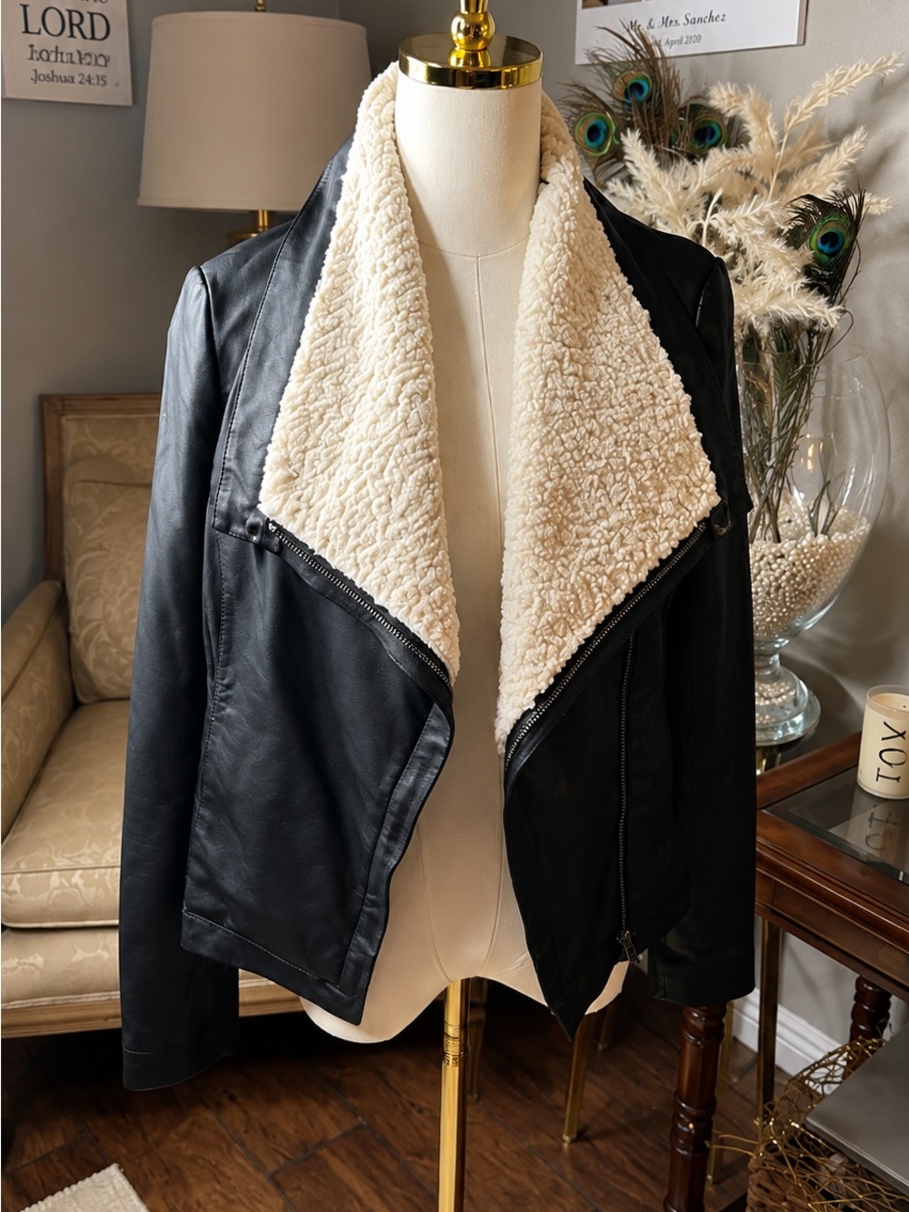 Nordstrom Black Faux Leather Jacket with Ivory Sherpa Collar